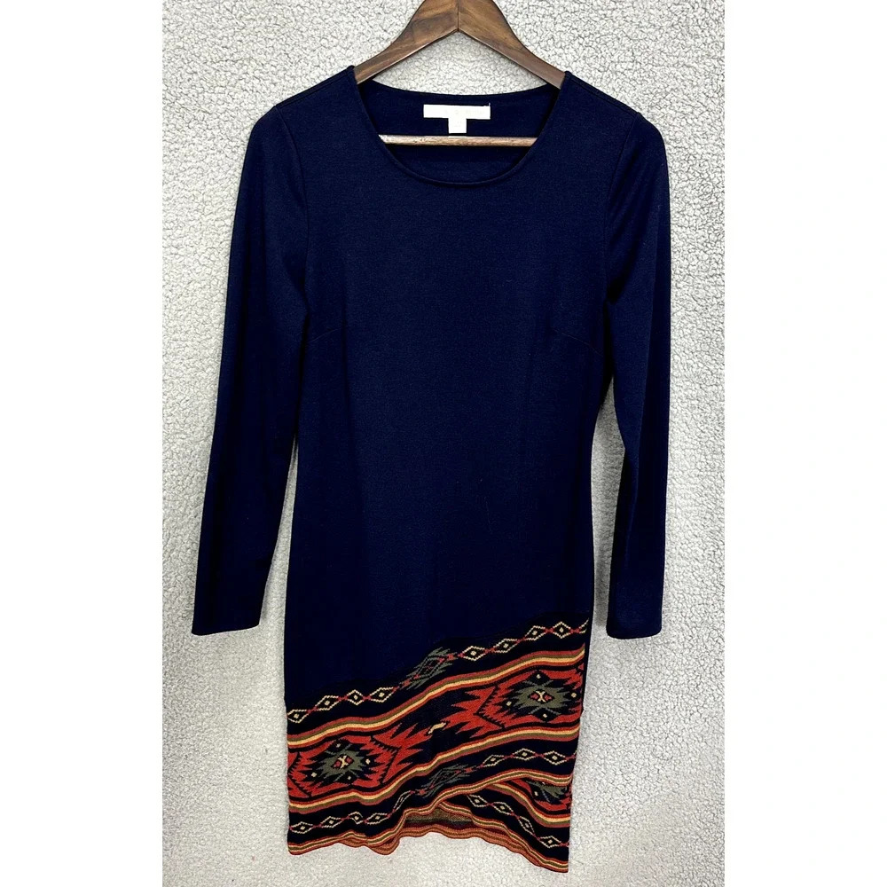 Boston Proper Sheath Dress Womens 4 Blue Aztec Southwestern Long Sleeve Boho